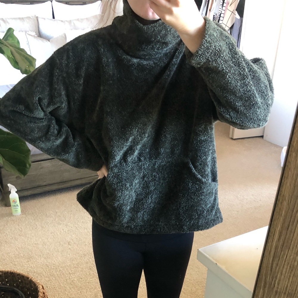 ALPS Vintage Sherpa Fleece Turtleneck Sweater Green L Oversized Pullover